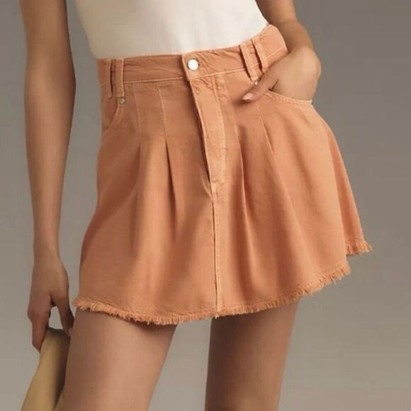 Anthropologie Pilcro Peach Pleated Denim Raw Hem Mini Skirt NWT Size 12/Large - Picture 1 of 7